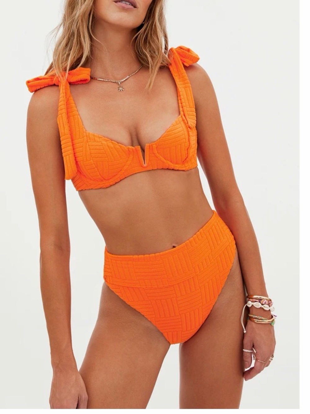 Beach Riot Orange Textured Tie-Shoulder Bikini